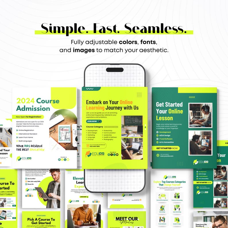 Op de afbeelding: Een digitale marketingafbeelding met de tekst "Simple. Fast. Seamless." en "Embark on Your Online Learning Journey with Us." De afbeelding toont een smartphone-mockup met verschillende cursus sjablonen in groen en wit.