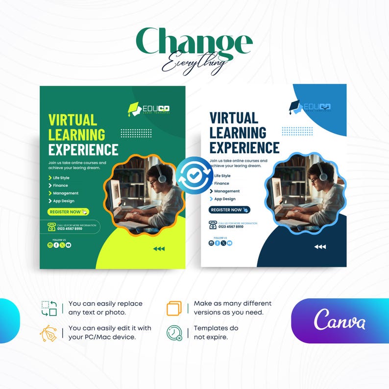 Op de afbeelding: Twee promotieflyers voor online cursussen. De flyers zijn groen en blauw, met de tekst "Virtual Learning Experience". De flyers bevatten een foto van een persoon die een computer gebruikt en het Canva-logo.