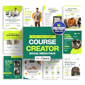 Puede incluir: Un conjunto de plantillas de redes sociales para creadores de cursos. Las plantillas presentan un esquema de color verde y blanco con texto como "Course Creator" y "Edit in Canva". La imagen incluye gráficos de personas usando computadoras.