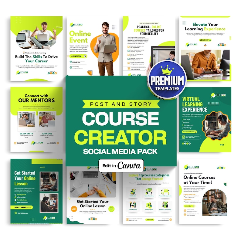 Op de afbeelding: Een verzameling social media-sjablonen voor cursusmakers. De sjablonen hebben een groen-witte kleurstelling met tekst als "Course Creator" en "Edit in Canva". De afbeelding bevat afbeeldingen van mensen die computers gebruiken.