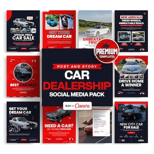 May include: A collection of car dealership social media templates in a variety of designs. The templates feature images of cars, text such as "Special Price Car Sale" and "Get Your Dream Car", and the phrase "Edit in Canva".