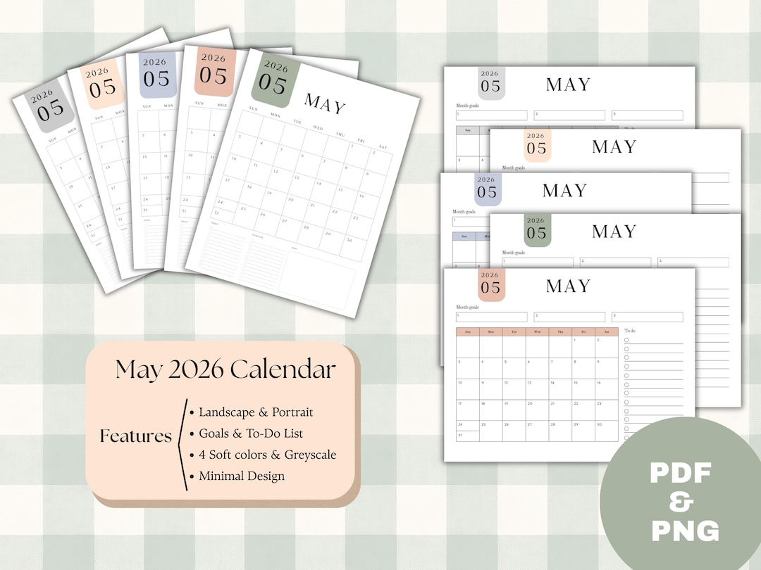 Calendario imprimible de mayo de 2026 / Planificador mensual en PDF ...