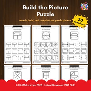 Puede incluir: Seis hojas de trabajo tituladas "Build the Picture Puzzle" con formas geométricas para emparejar y completar rompecabezas. La imagen incluye el texto "Match, build, and complete the puzzle picture." y "20 Worksheets".