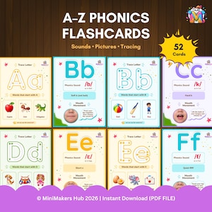 May include: A set of 52 A-Z phonics flashcards featuring letters for tracing, phonics sounds, mouth movement diagrams, and illustrations of words starting with each letter. The cards include text such as A-Z PHONICS FLASHCARDS, Sounds, Pictures, Tracing.
