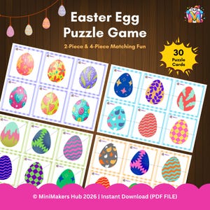 May include: An Easter Egg Puzzle Game with colorful egg designs. The game includes 30 puzzle cards for 2-piece and 4-piece matching fun. The image features the text "Easter Egg Puzzle Game" and "2-Piece & 4-Piece Matching Fun".