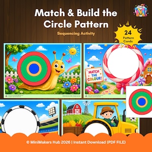 Peut inclure: Une activité de séquençage numérique intitulée Match & Build the Circle Pattern comprenant 24 cartes. Les images montrent un escargot avec une coquille circulaire, une sucette, un ballon de football et un tracteur, chacun avec un espace vide.