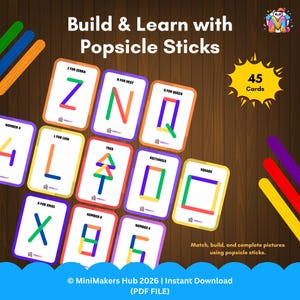 Peut inclure: Ensemble éducatif avec des cartes de lettres, de chiffres et de formes construites avec des bâtonnets de glace. Les cartes sont disposées sur une surface en bois, avec le texte "Build & Learn with Popsicle Sticks". L'ensemble comprend 45 cartes.