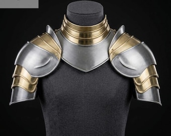 Handmade Medieval Silver and Gold Pauldrons with Gorget Set, Two-Tone Steel Armor, LARP Cosplay Shoulder Guard, Knight Warrior Armor Gift