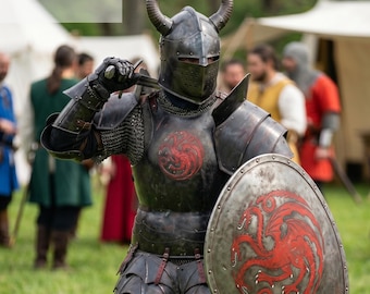 Costume d'armure fantastique inspiré de Targaryen - armure complète de chevalier Dragon - costume médiéval en acier au carbone noirci pour Buhurt, cosplay et reconstitution