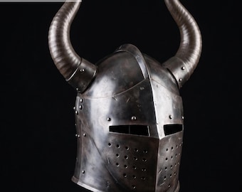 Medieval Horned Fantasy Helmet - Dark Knight Great Helm with Curved Horns - Handcrafted Decorative Armor for LARP, Cosplay & Home Display