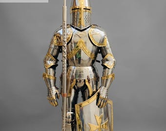 Medieval Templar Knight Suit of Armor with Brass Accents - Decorative Full Body Armor with Spear & Malta Cross Shield - Wood Base Stand