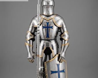 Decorative Medieval Knight Suit of Armor with Blue Cross - Full Body Templar Armor with Spear & Shield - Steel Exhibit with Wooden Base
