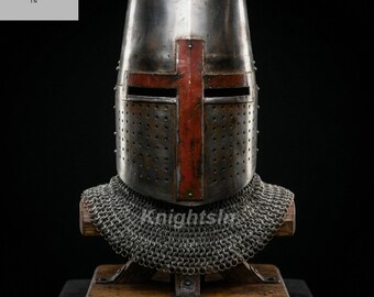 Grand casque médiéval des Templiers avec cotte de mailles - casque de chevalier croisé fabriqué à la main pour GN, cosplay et décoration - cadeau d'armure en acier personnalisé