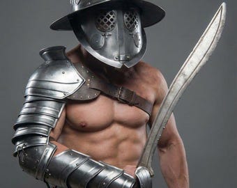 Handcrafted Authentic Roman Murmillo Gladiator Helmet & Segmented Metal Armor Manica Set -Perfect for Historical Re-enactments, LARP