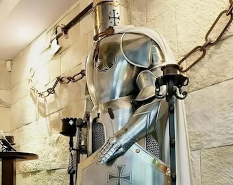 Full Size 6 Feet Knights Templar Suit Of Armour Medieval Roman Armor Suit Solid Steel With Complete Stand Home Decor Polish Finish