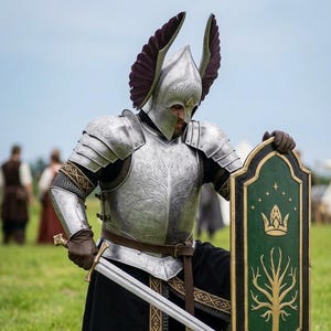Puede incluir: Una armadura de placas plateadas que incluye un casco con alas de color púrpura oscuro, una coraza con un diseño de árbol grabado y una espada larga. Un escudo verde alto con un emblema de corona y árbol dorado se sostiene erguido de rodillas.