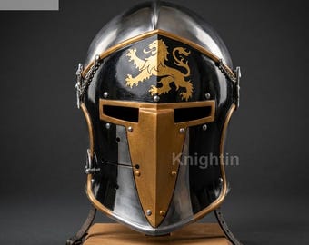 Medieval Barbute Knight Helmet with Golden Lion Crest | Black and Gold Finished Steel Armor Helmet for Cosplay, LARP & Display