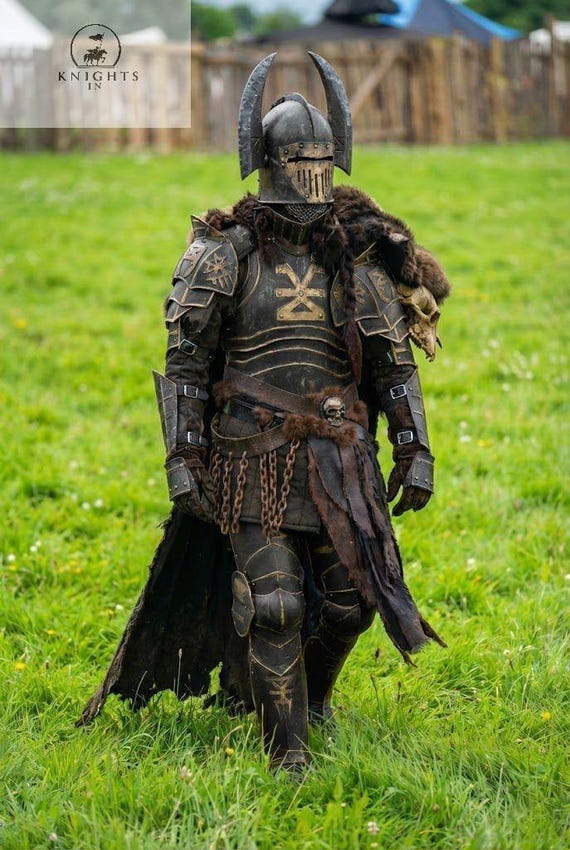 Dark Knight LARP Armor Set, Medieval Fantasy Full Body Armor, Horned Helmet Cosplay Suit, Gothic Warrior Costume, Black Knight Outfit