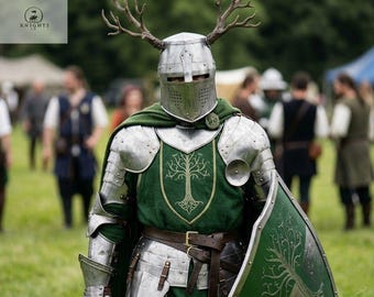 Knight Fantasy Armor Suit | Antler Helmet Tree Shield & Green Cloak Set | Custom Men's Cosplay for Renaissance Faire | LARP Costume