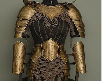 Armure médiévale pour femme - Armure en cotte de mailles, épaulières avec gorgerin, brassards en acier - Cadeau idéal pour une femme