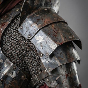 May include: Close-up of medieval armor, featuring layered steel plates and chainmail. The armor has a weathered, battle-worn appearance with visible blood spatter. A leather strap with a buckle is also visible. The image includes the text "KNIGHTS IN".