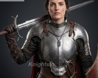 Ensemble d'armures artisanales Lady Knight en plaqué argent - Cosplay fantaisie élégant - Costume de reine guerrière médiévale - Costume de foire Renaissance personnalisé