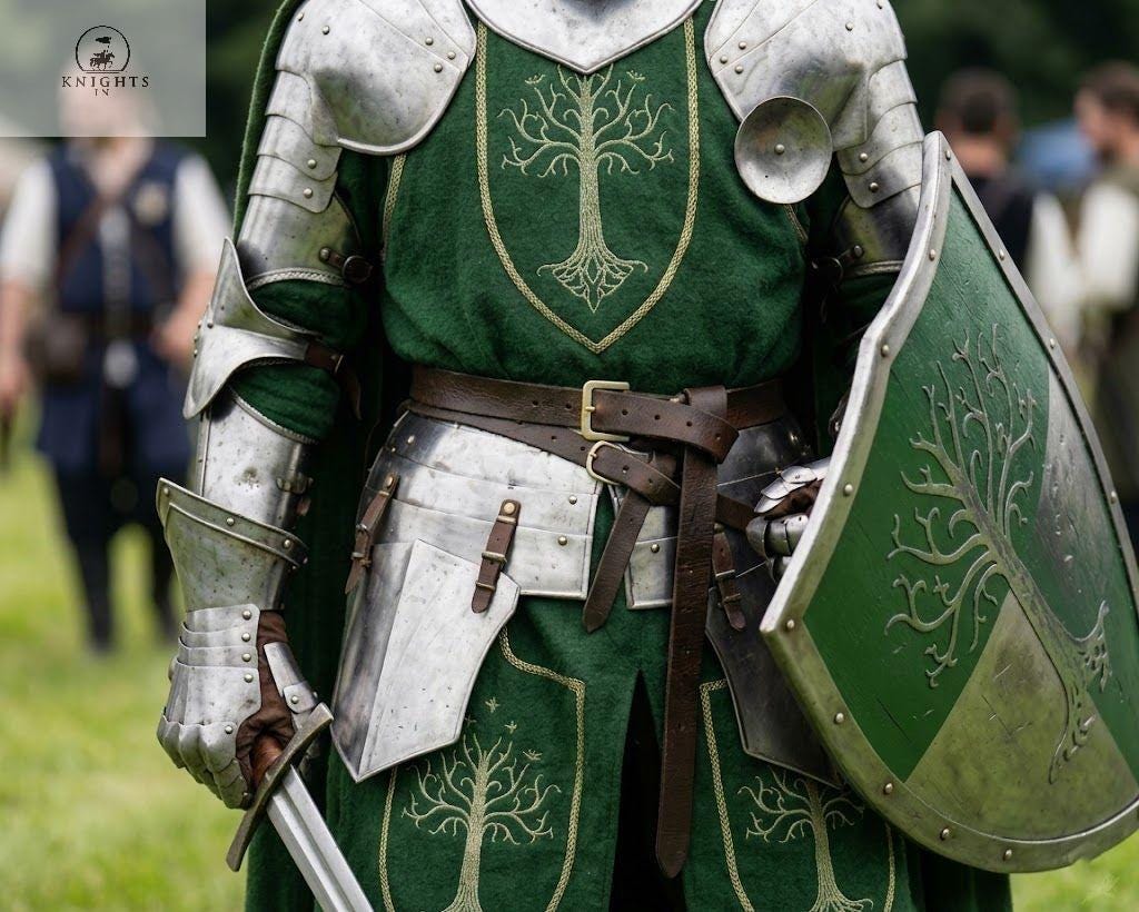 Knight Fantasy Armor Suit | Antler Helmet Tree Shield & Green Cloak Set ...