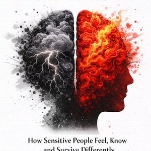Könnte beinhalten: Buchcover mit dem Titel "THE SENSITIVE NEURODIVERGENT" in Schwarz und Rot. Das Cover-Artwork zeigt eine geteilte Gehirnillustration, eine Seite dunkel mit Blitzen, die andere feuerrot. Der Name des Autors, Natacha Desille, steht unten.