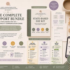 Puede incluir: El Complete Support Bundle, un sistema neuroafirmativo, incluye un State-Based Day Kit, tarjetas de comunicación de baja capacidad y una guía para teléfonos. El kit ayuda a navegar por los días de baja capacidad y a comunicar las necesidades. La imagen muestra un cuaderno, tarjetas y un smartphone.