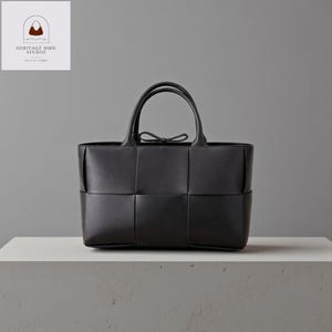 Woven Leather Tote Bag, Minimalist Structured Work Shoulder Handbag, Everyday Office Purse Midnight Noir