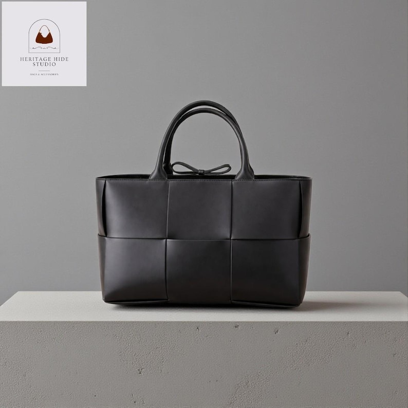 Woven Leather Tote Bag, Minimalist Structured Work Shoulder Handbag, Everyday Office Purse Midnight Noir