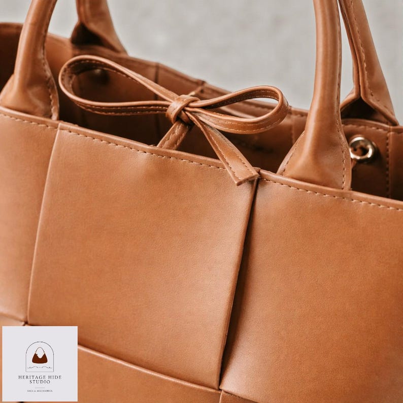 Woven Leather Tote Bag, Minimalist Structured Work Shoulder Handbag, Everyday Office Purse image 6
