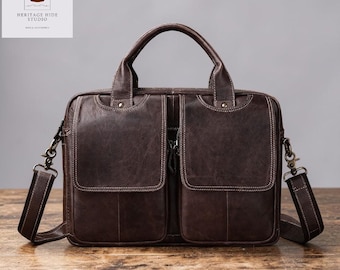 Vintage Leather Briefcase, Mens Laptop Bag, Genuine Cowhide Business Travel Office Handbag 14 Inch