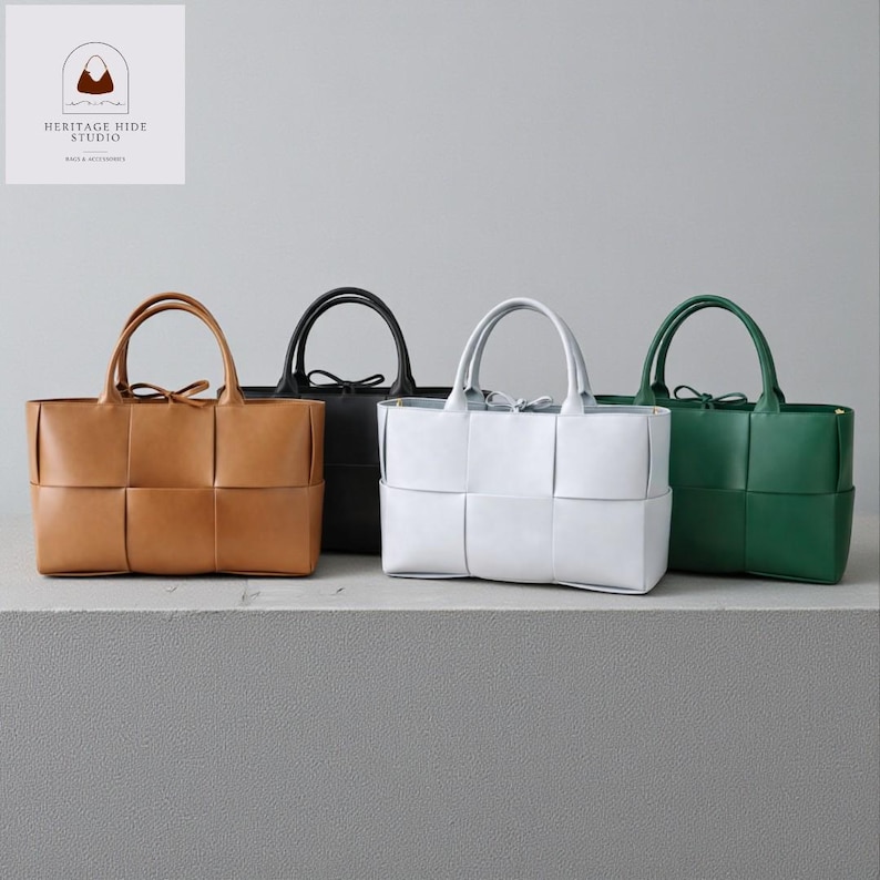 Woven Leather Tote Bag, Minimalist Structured Work Shoulder Handbag, Everyday Office Purse image 1