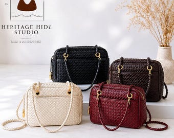 Woven Leather Shoulder Bag, Braided Strap Structured Tote, Gift For Her