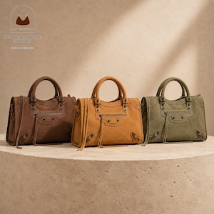 Vintage Suede Leather Handbag, Womens Top Handle Shoulder Bag, Retro Everyday Work Travel Purse