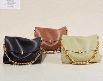 Genuine Leather Chain Shoulder Bag, Structured Flap Handbag, Elegant Women's Purse