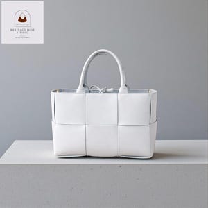 Woven Leather Tote Bag, Minimalist Structured Work Shoulder Handbag, Everyday Office Purse Luxury White