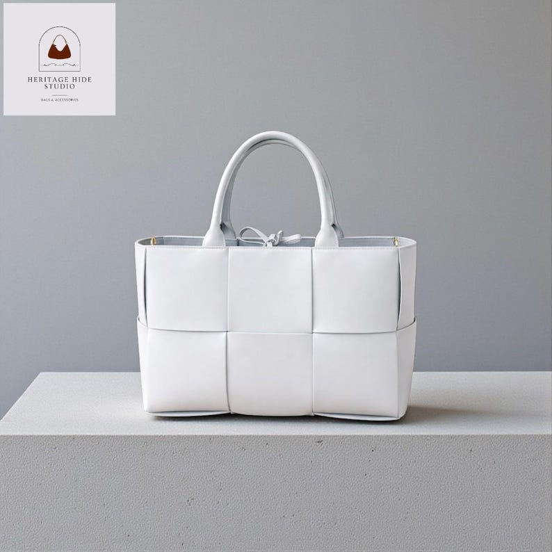 Woven Leather Tote Bag, Minimalist Structured Work Shoulder Handbag, Everyday Office Purse Luxury White