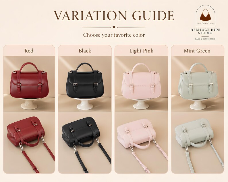 Vintage genuine leather crossbody handbag with retro Cambridge satchel design displayed in elegant neutral studio setting. Women’s minimalist shoulder purse available in black, burgundy red, ivory white, and blush pink colors with structured silhouette, buckle strap details, top handle, and adjustable crossbody strap. Japanese style leather handbag styled for modern fashion lovers, classic British satchel aesthetic, everyday women’s purse, elegant casual shoulder bag