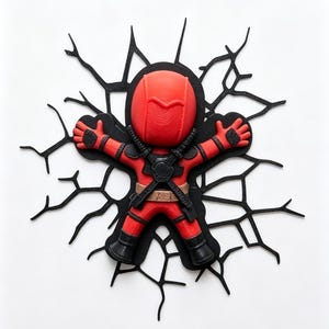 以下が含まれることがあります： 腕と脚を大きく広げた赤と黒のキャラクターフィギュアをあしらった立体的な壁飾り。中央のフィギュアから放射状に広がる、黒いギザギザのクモの巣のようなひび割れ模様の中に埋め込まれているように見えるデザイン。
