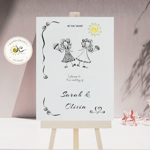 Letrero de bienvenida para bodas con estilo ingenuo, dibujado a mano. Letrero para la novia y el novio con estilo de boceto. Varios tamaños.