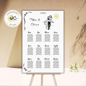 Ręcznie rysowany plan rozmieszczenia gości weselnych. Unikalny, ilustrowany szablon planu rozmieszczenia stołów weselnych. Różne rozmiary.