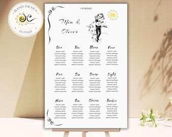 Cartello per la disposizione dei tavoli per matrimoni disegnato a mano. Modello unico e illustrato per la disposizione dei tavoli per matrimoni. Diverse dimensioni.