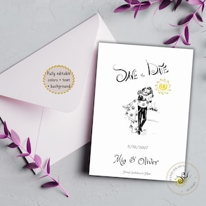 Può includere: Un invito di nozze bianco con un'illustrazione in bianco e nero di una coppia. Il testo "Save the Date" è in alto, con la data 11/10/2027 e i nomi "Mia & Oliver" in basso. È inclusa una busta abbinata.
