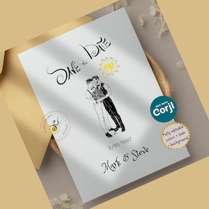 Puede incluir: Una tarjeta de invitación blanca con el texto "Save the Date" en fuente manuscrita. La tarjeta presenta una ilustración en blanco y negro de dos hombres abrazándose, con la fecha 11/10/2027 y los nombres "Mark & Steve" debajo. Incluye un logo "Corjl".