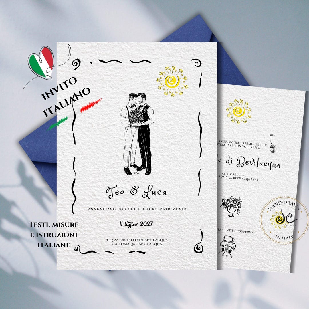 Hand-drawn Wedding Invitation. Double-sided Italian Invite. Illustrated ...