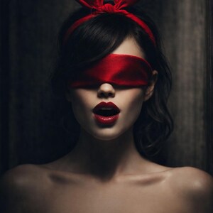 May include: A woman with dark hair wearing a red satin blindfold and matching bunny ears. Her lips are painted red, and she is wearing a black strapless top. The background is dark.