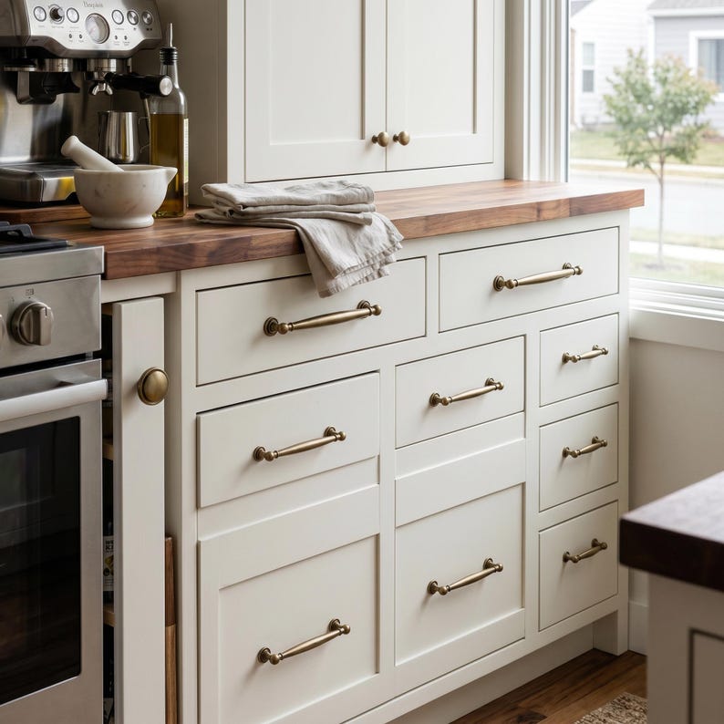 May include: Cream kitchen cabinets with brass handles. The cabinets feature a dark wood worktop and a built-in oven. A stainless steel espresso machine and a mortar and pestle are visible on the worktop.