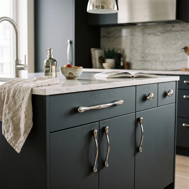 Puede incluir: Isla de cocina moderna con gabinetes azul oscuro y encimera de m&aacute;rmol blanco. Tiradores y pomos plateados pulidos adornan las puertas y cajones de los gabinetes. Un cuenco de fruta, un dispensador de jab&oacute;n y una toalla de lino est&aacute;n en la encimera.